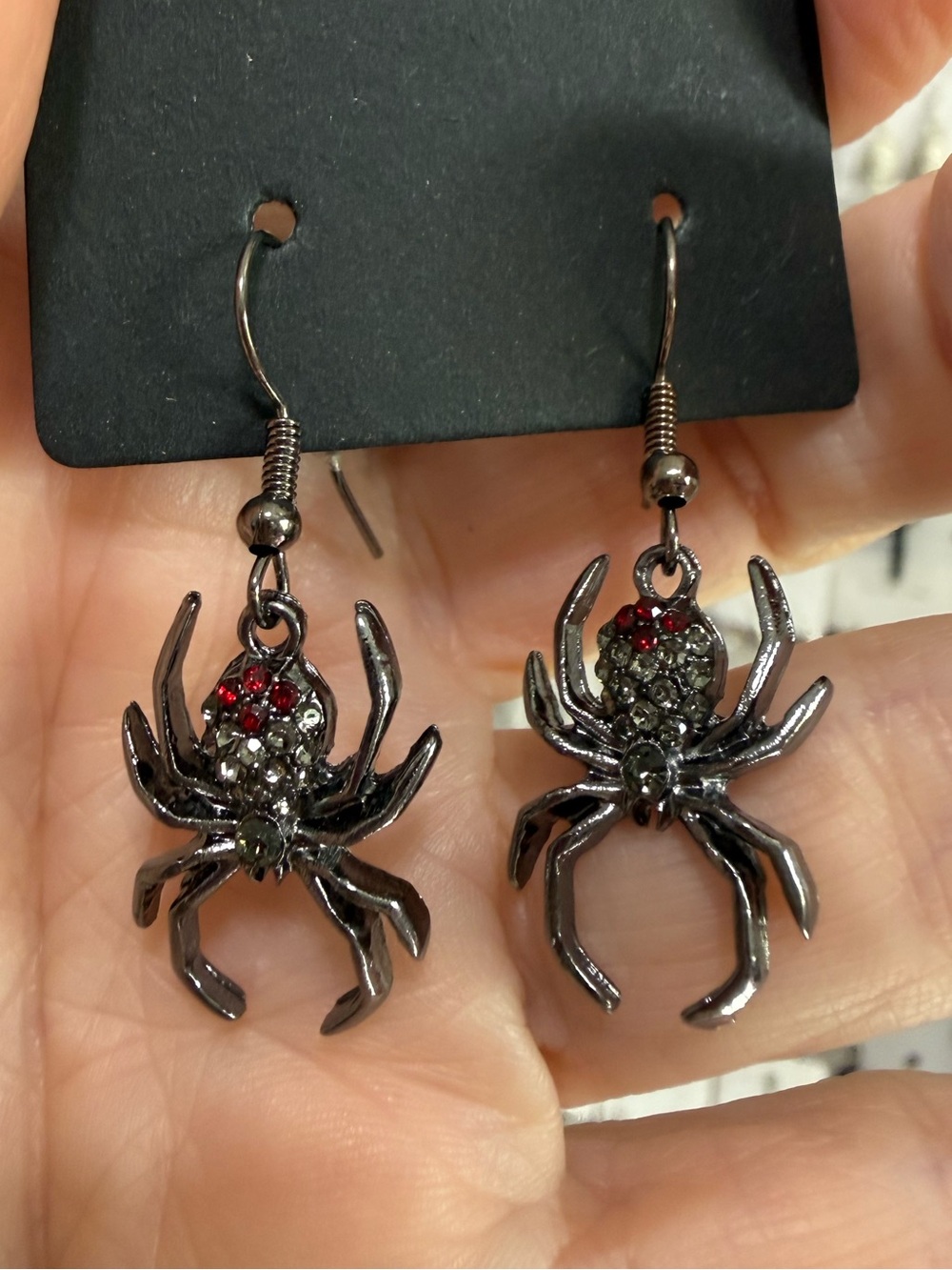 Black Spider Drop Earrings with Red Accent Stones - black widow